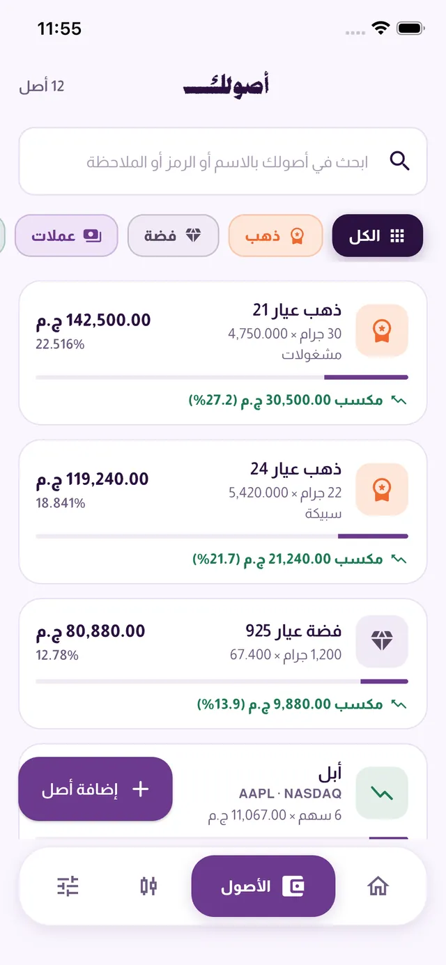 قائمة الأصول من ذهب وفضة وعملات