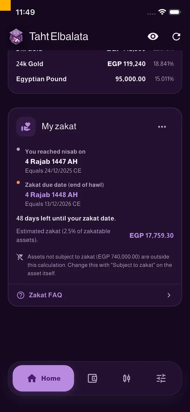 Zakat screen with nisab and Hijri due date